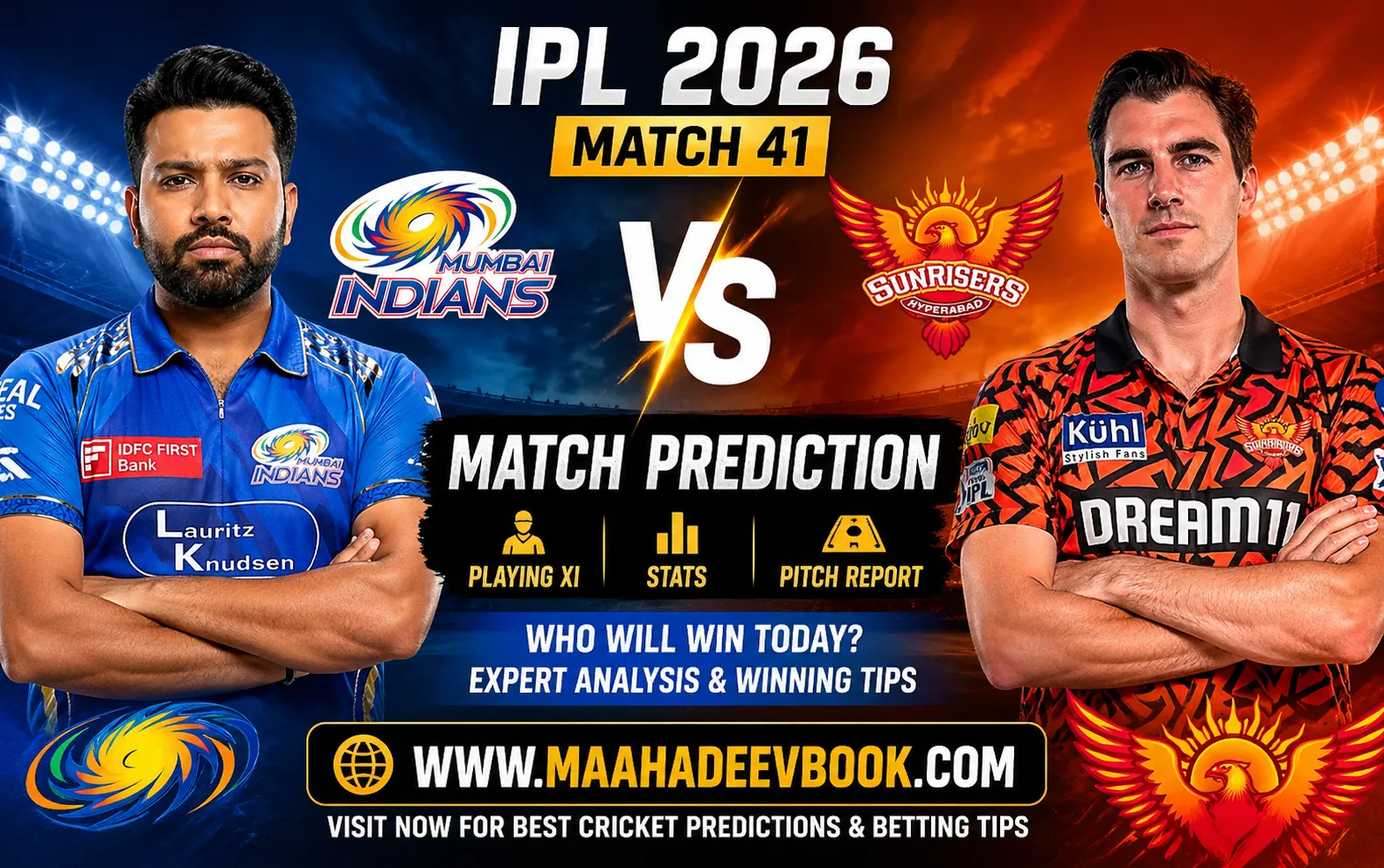 Read more about the article Mumbai Indians vs Sunrisers Hyderabad Prediction – IPL 2026 Match 41 Preview, Stats & Winning Tips on Mahadev Book