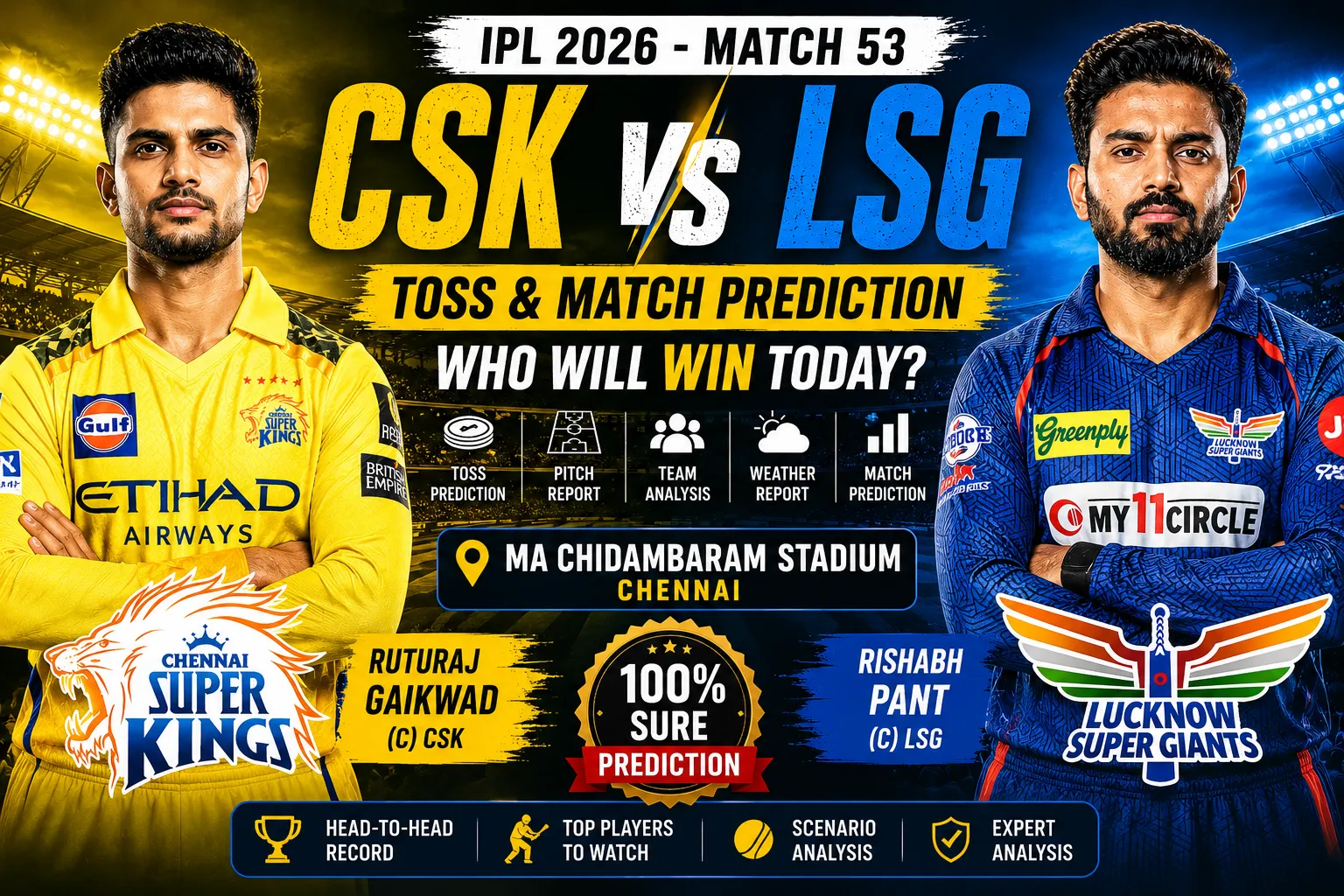 Read more about the article CSK vs LSG Toss & Match Prediction (100% Sure), Pitch Report, Captain Toss Analysis, Who Will Win Today’s IPL Match? – 53rd Match IPL 2026