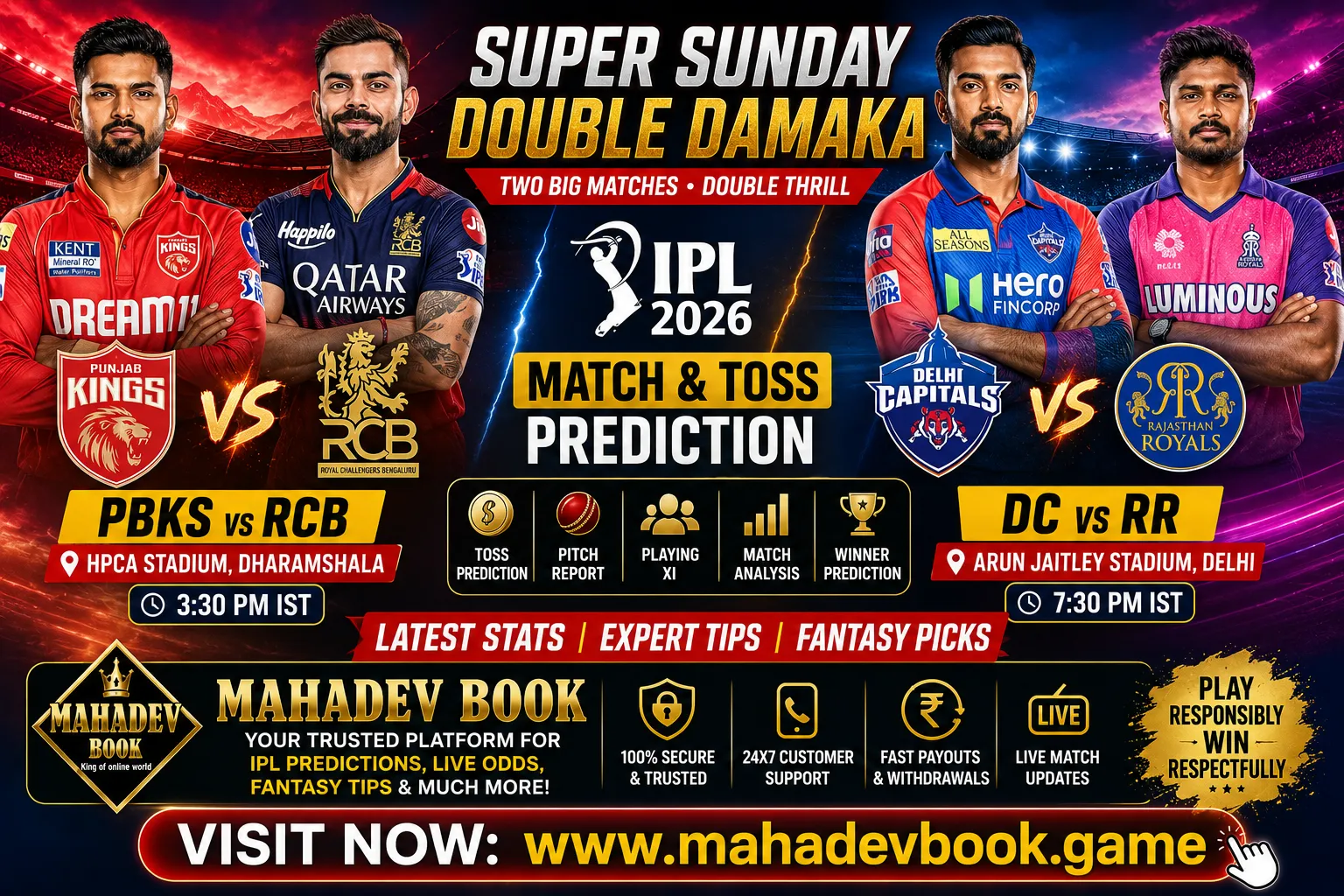 Read more about the article Super Sunday Double Damaka – PBKS vs RCB & DC vs RR Match and Toss Prediction IPL 2026