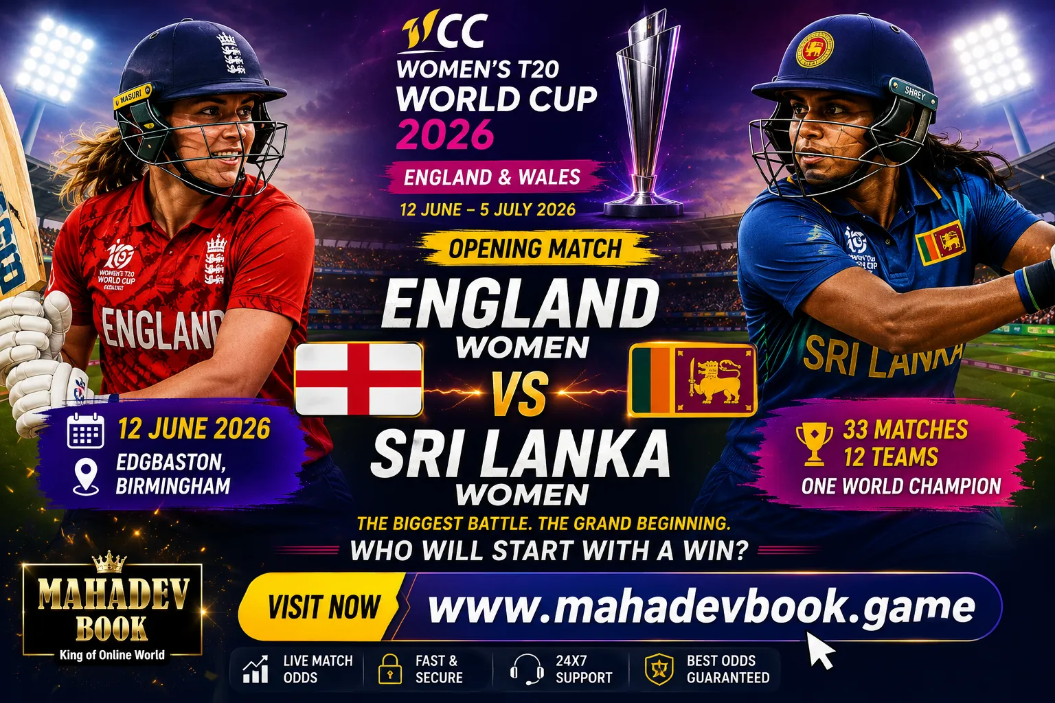 Read more about the article England Women vs Sri Lanka Women – ICC Women’s T20 World Cup 2026 Opening Match Preview, Prediction & Mahadev Book Guide